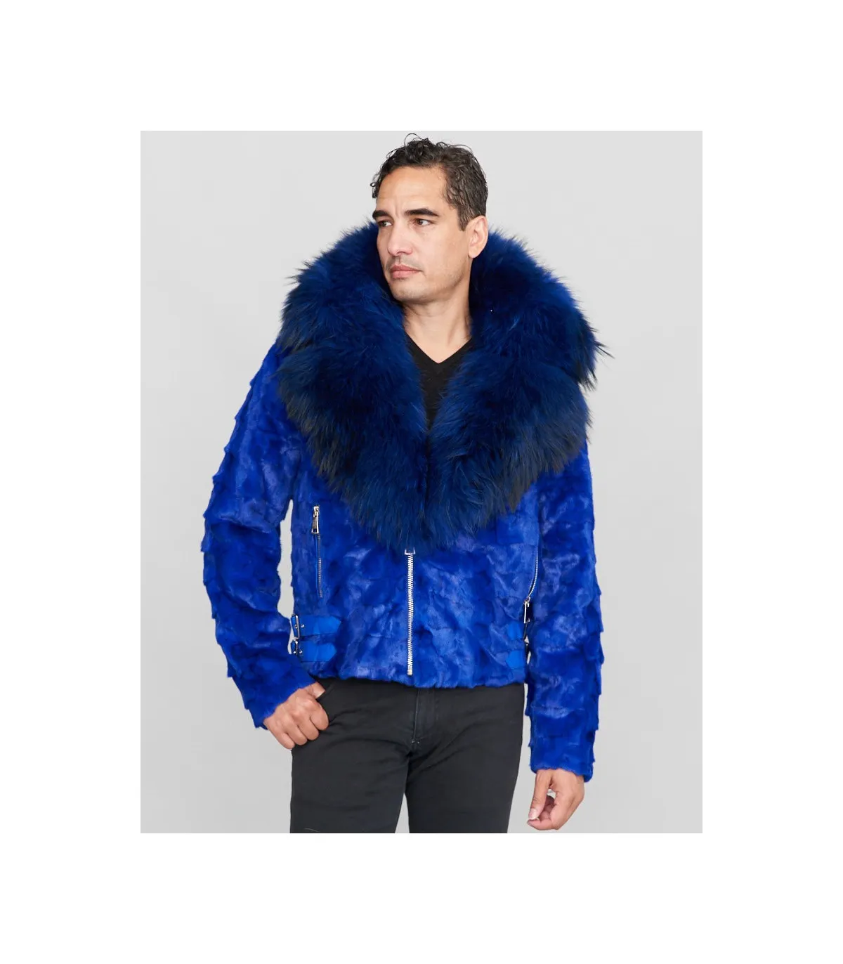 Ed Mink Moto Jacket with Fox Collar & Hood in Royal Blue: FurHatWorld