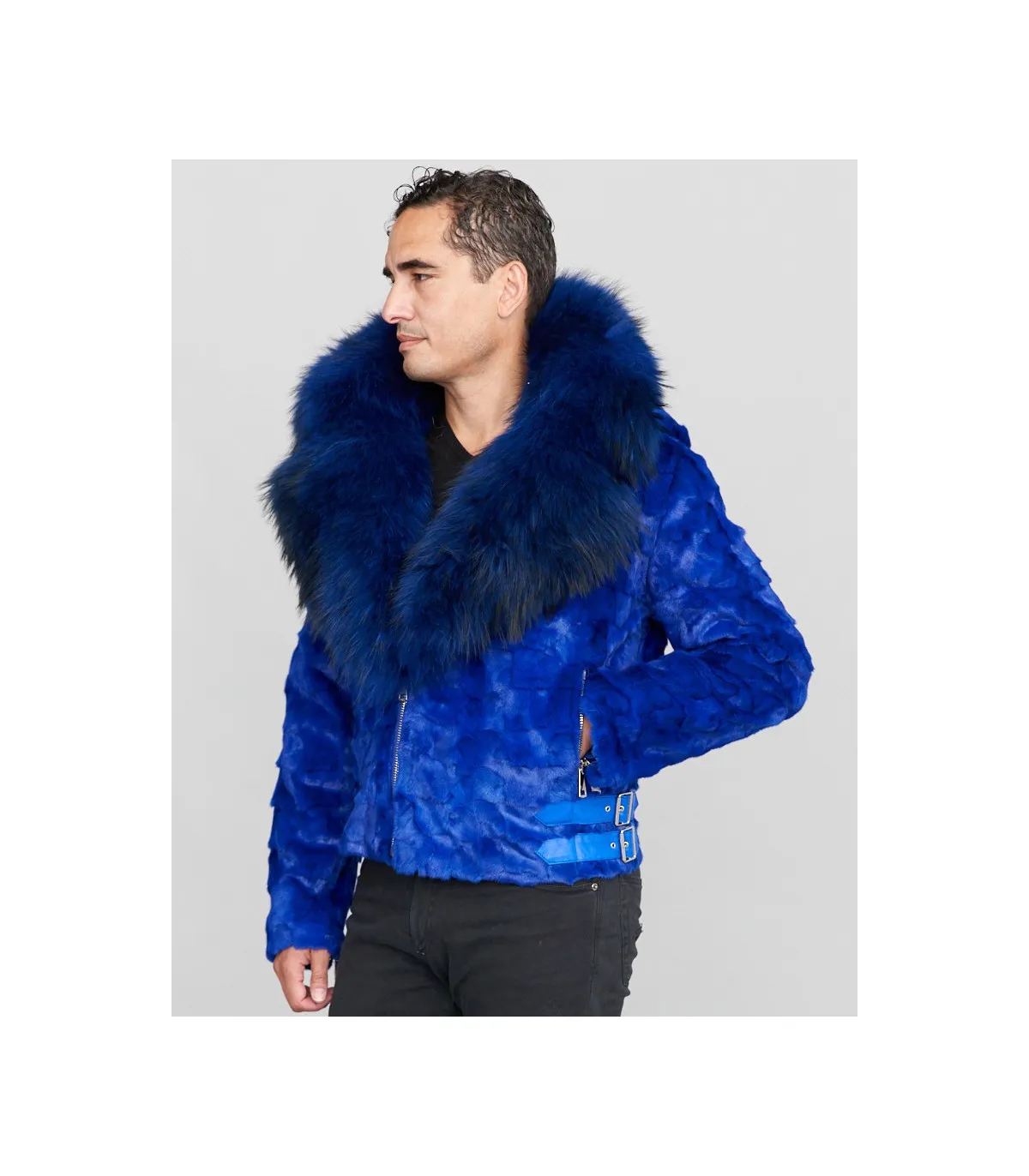 Ed Mink Moto Jacket with Fox Collar & Hood in Royal Blue: FurHatWorld