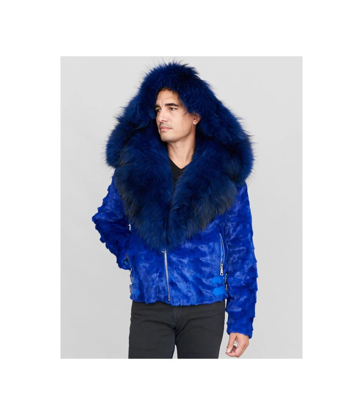 Ed Mink Moto Jacket with Fox Collar & Hood in Royal Blue: FurHatWorld