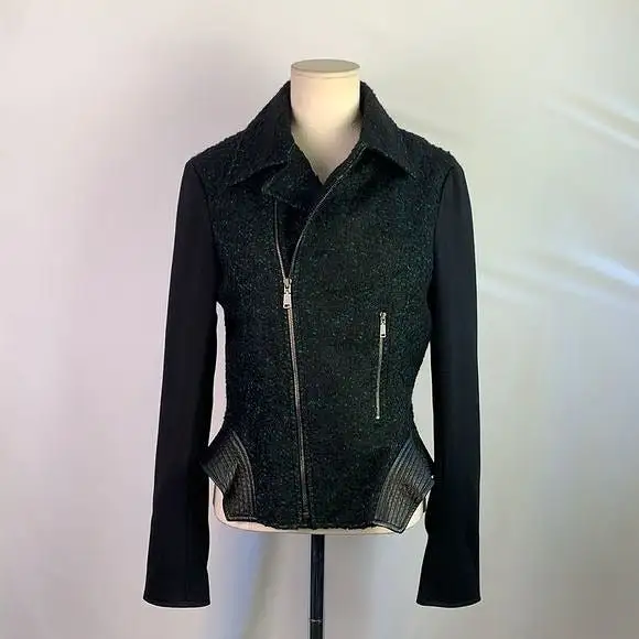 ElieTaharigreen tweed with leather trim moto jacket