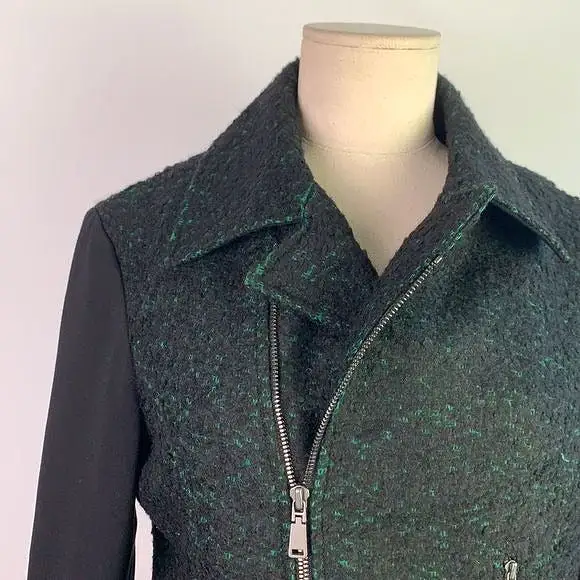 ElieTaharigreen tweed with leather trim moto jacket