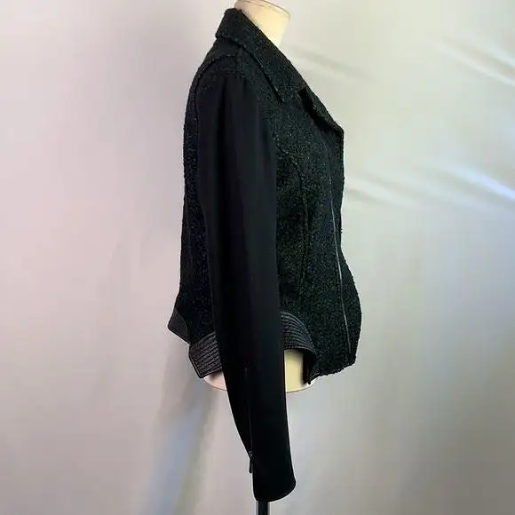 ElieTaharigreen tweed with leather trim moto jacket