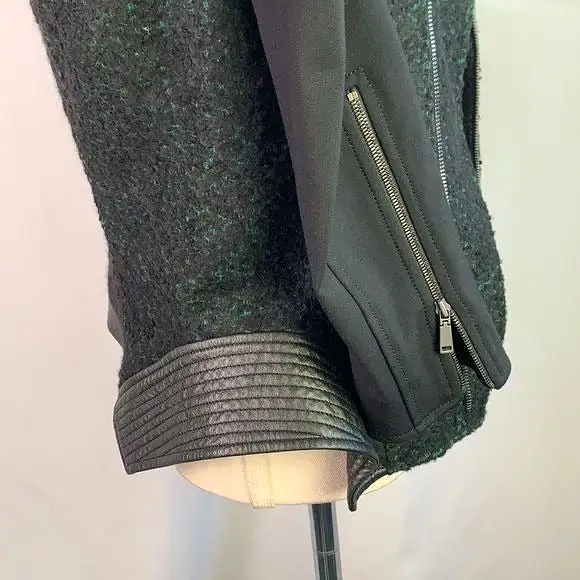 ElieTaharigreen tweed with leather trim moto jacket