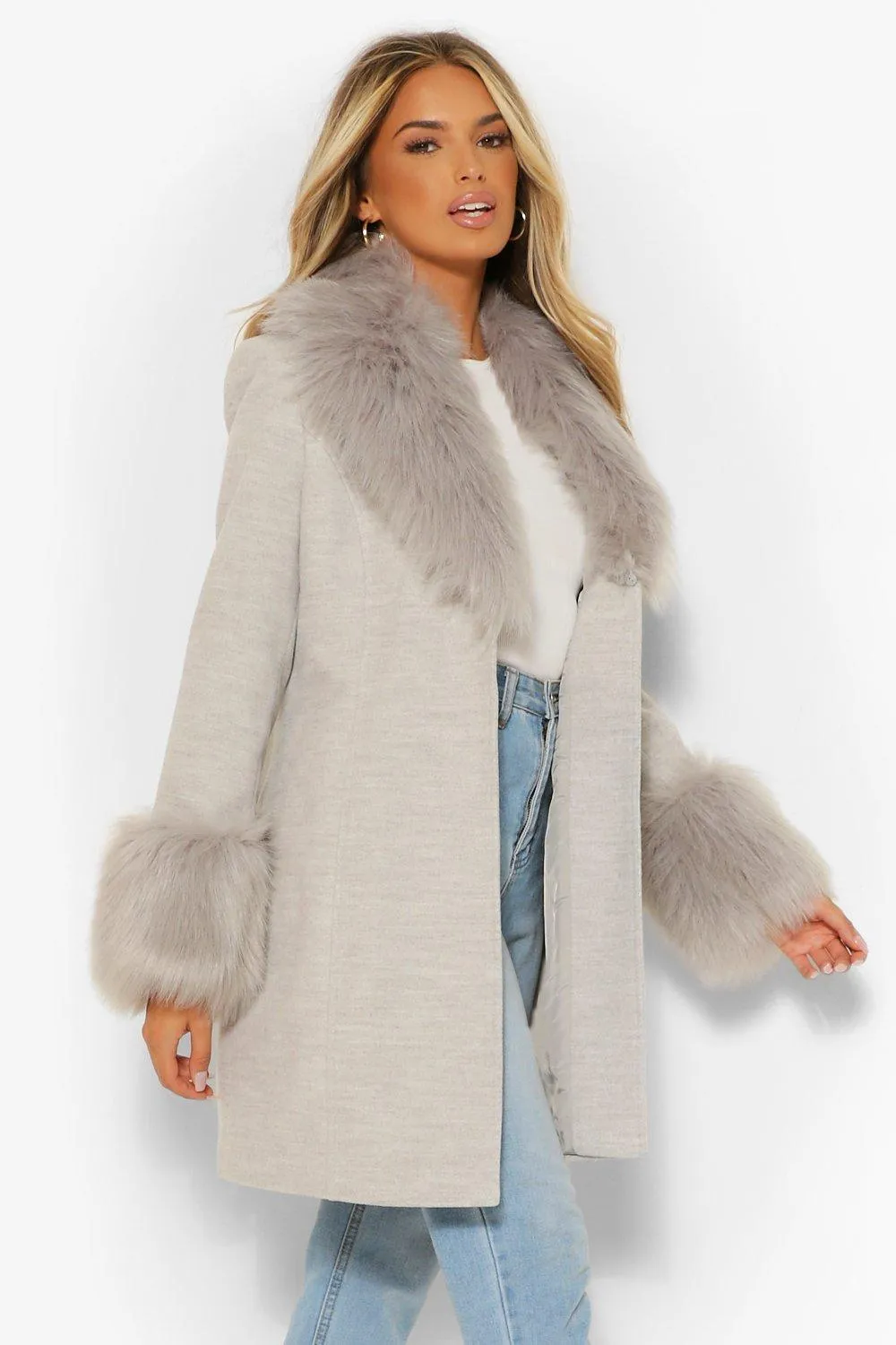 Faux Fur Collar & Cuff Wool Look Coat