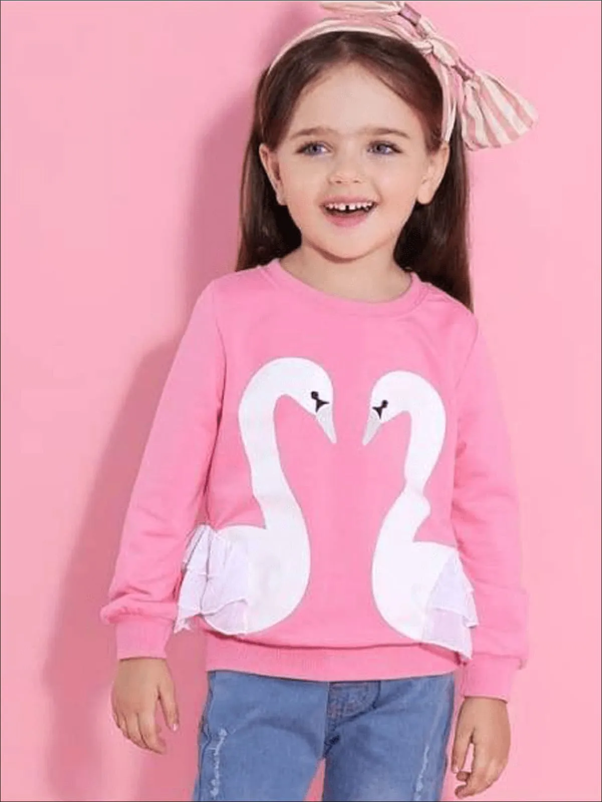 Girls Long Sleeve Swan Sweatshirt with Ruffles