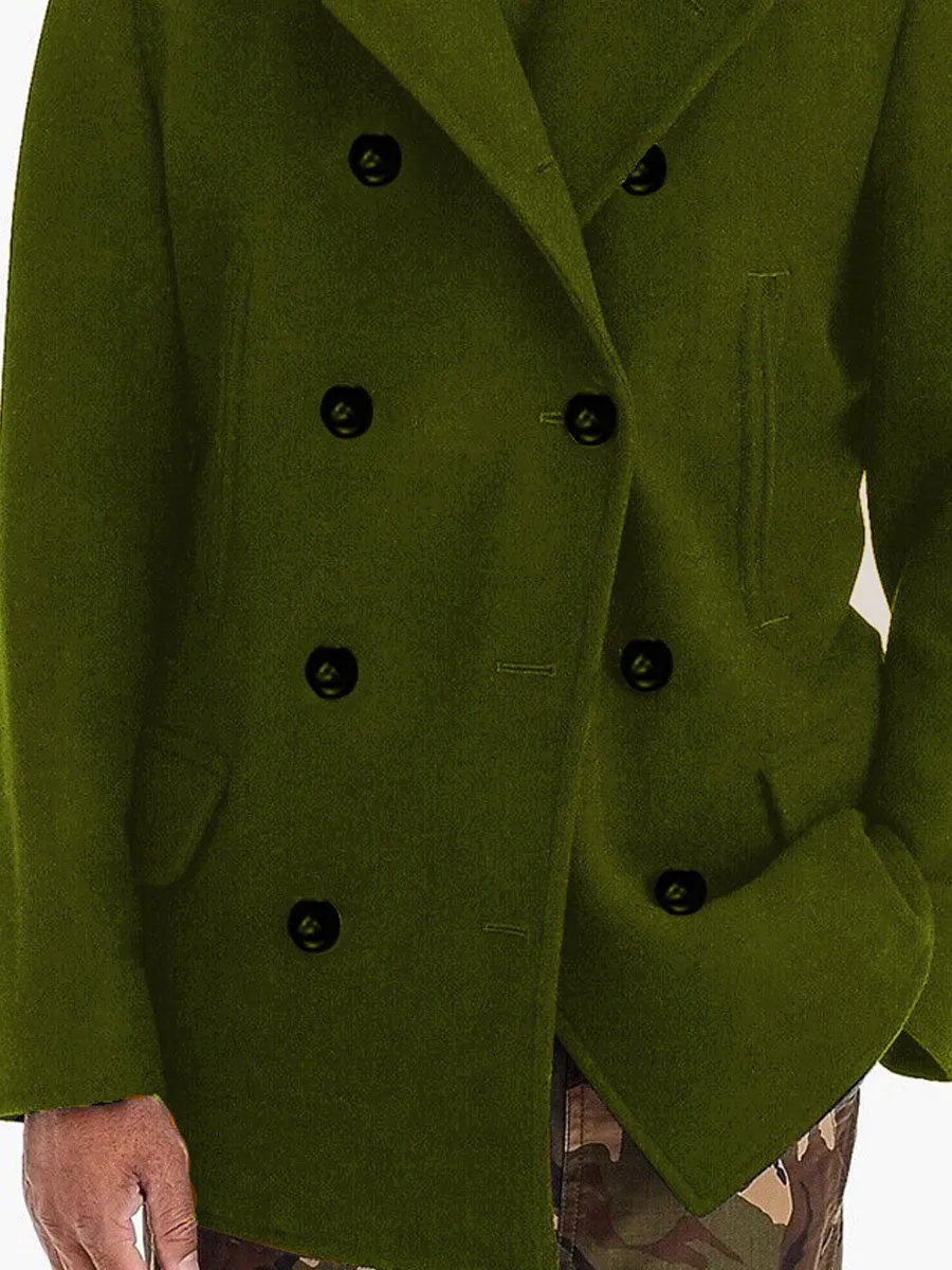 Lapel Double-Breasted 4-Pocket Casual Woolen Coat