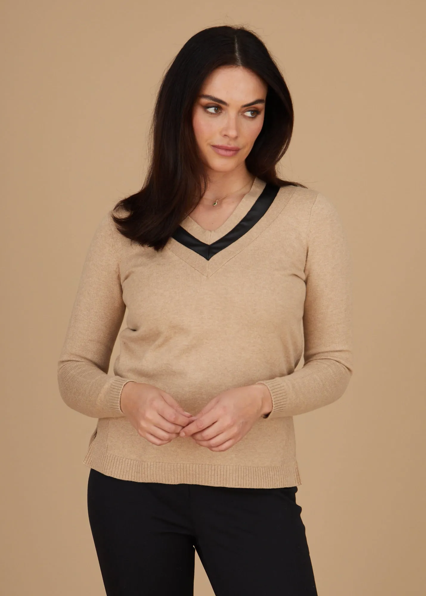 Leather Trim V-Neck Sweater: FINAL SALE