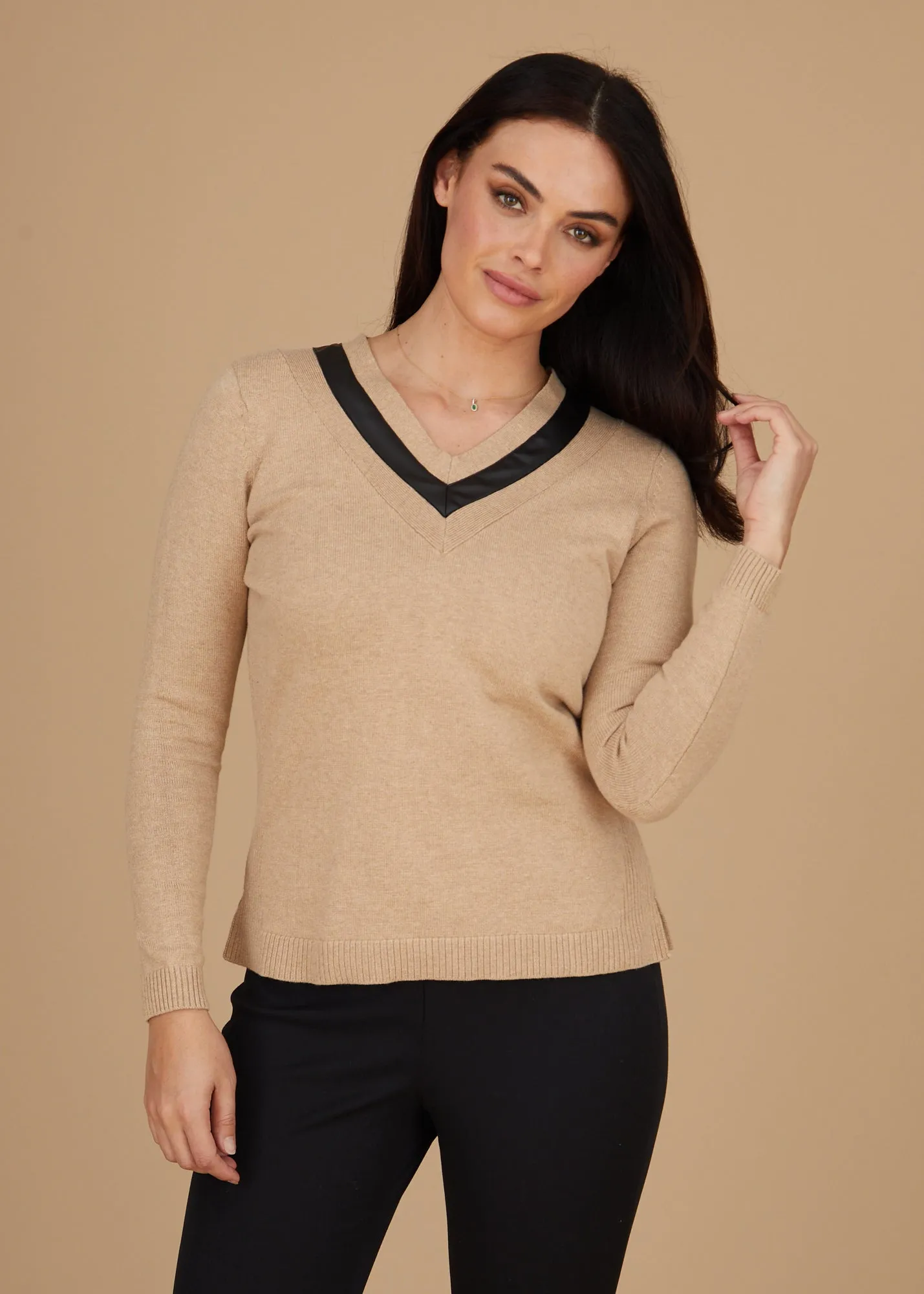 Leather Trim V-Neck Sweater: FINAL SALE