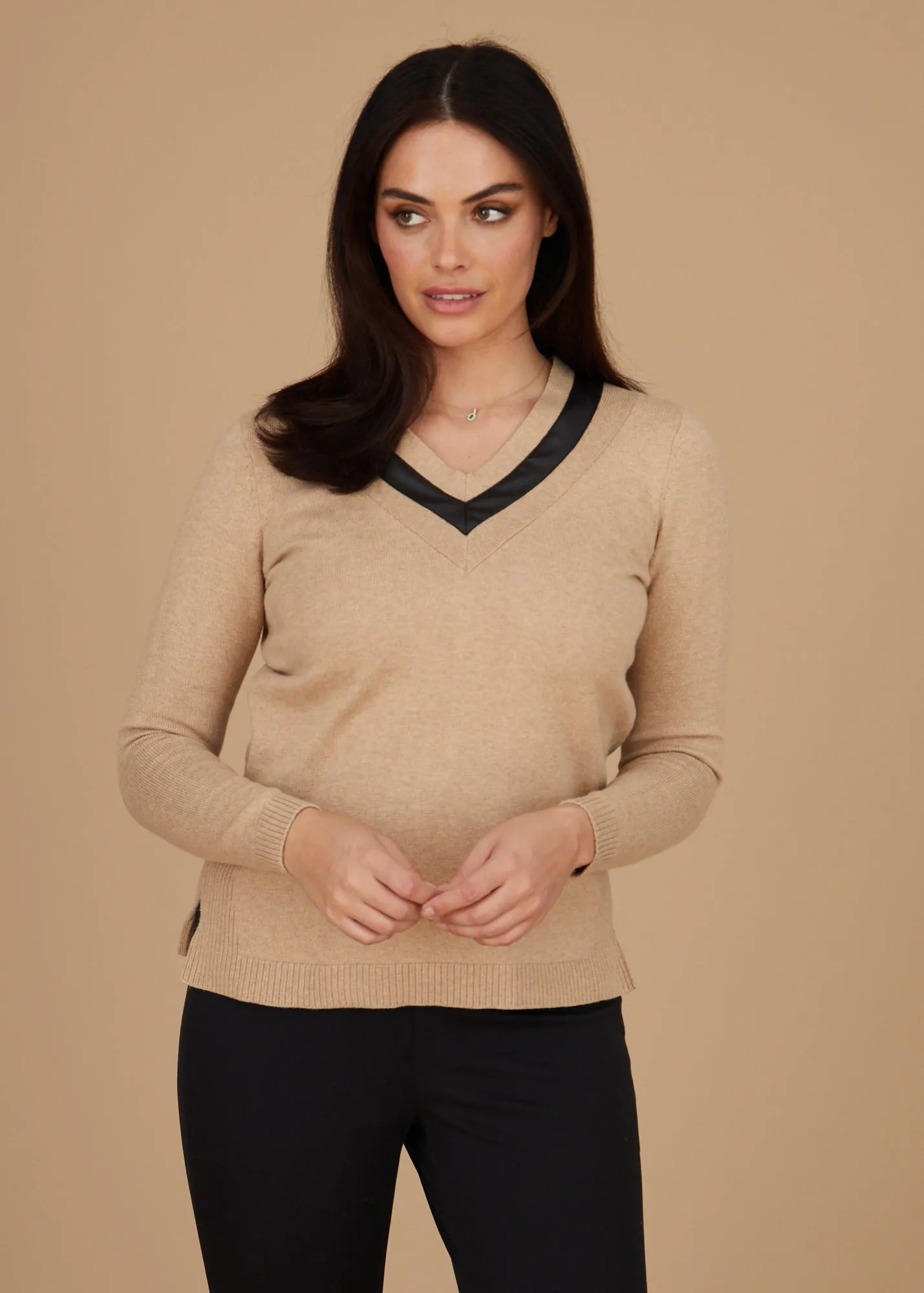 Leather Trim V-Neck Sweater: FINAL SALE