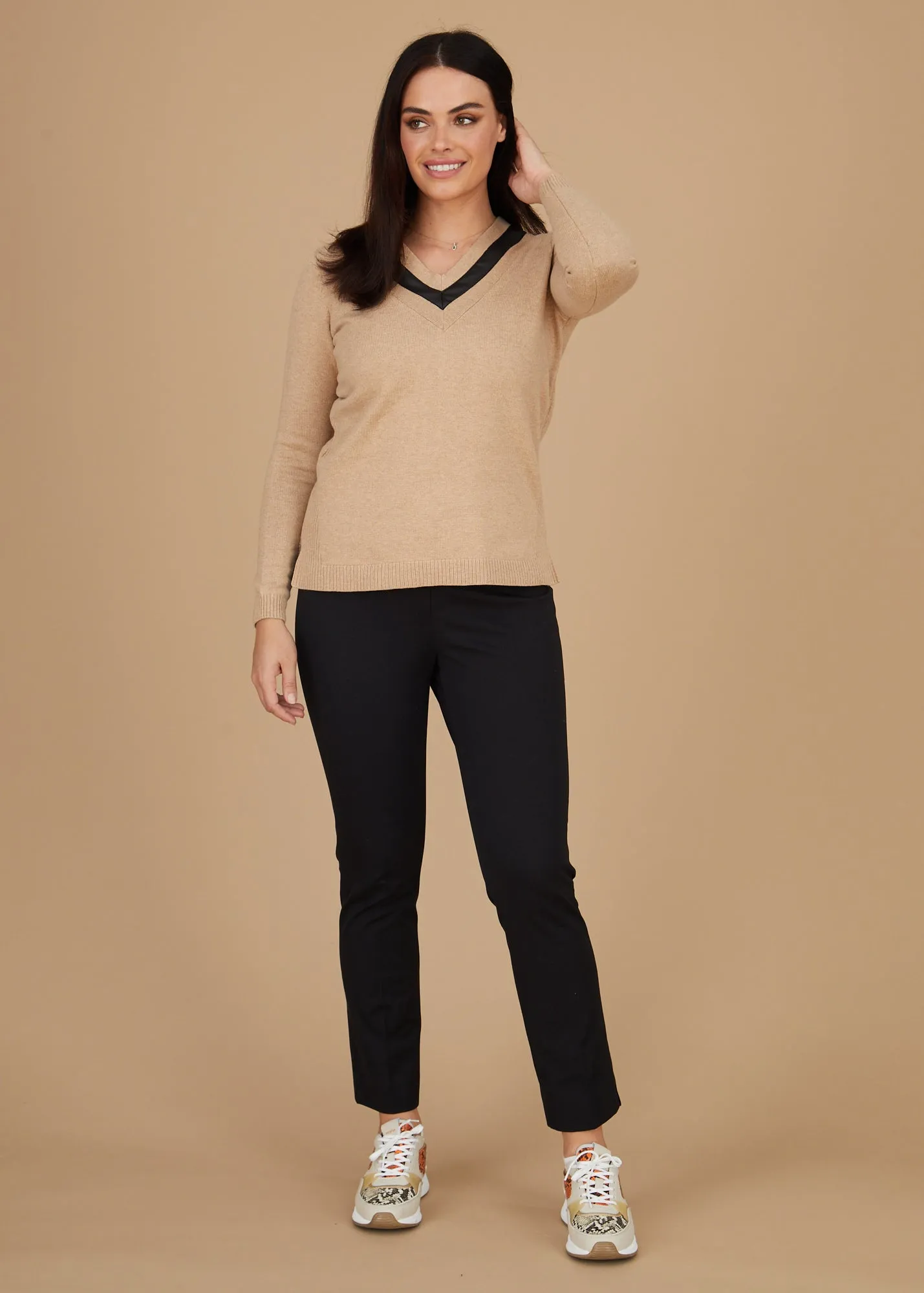 Leather Trim V-Neck Sweater: FINAL SALE