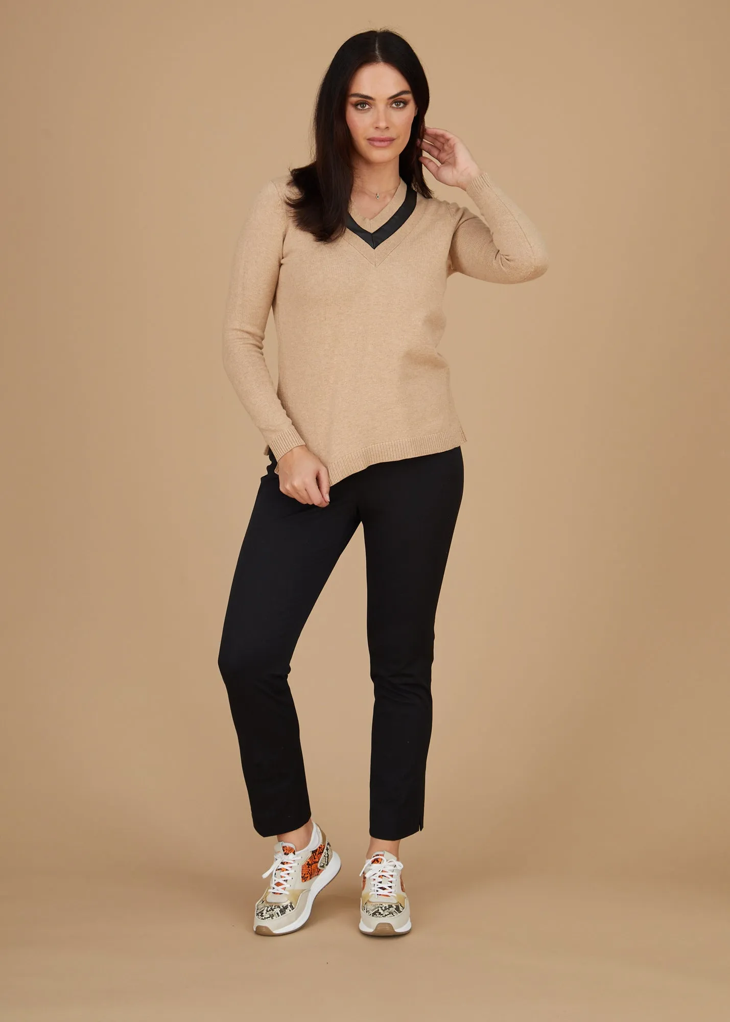 Leather Trim V-Neck Sweater: FINAL SALE