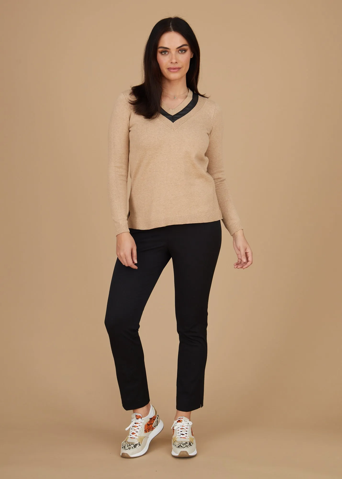 Leather Trim V-Neck Sweater: FINAL SALE