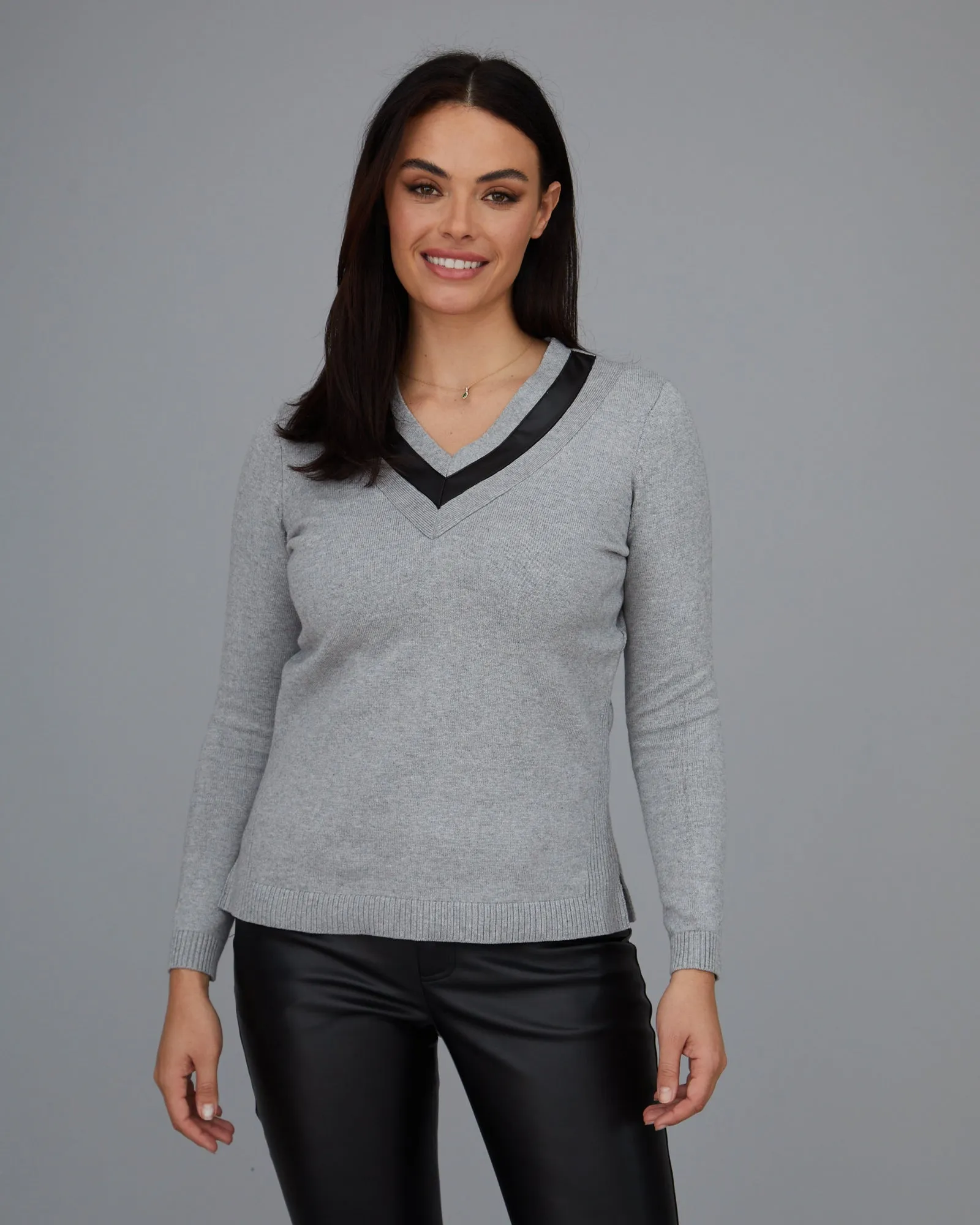 Leather Trim V-Neck Sweater: FINAL SALE