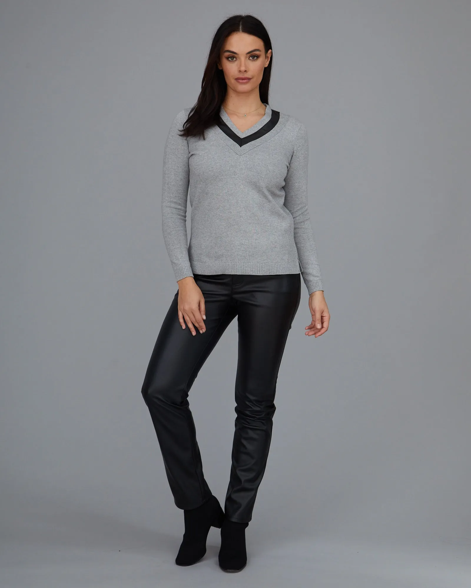 Leather Trim V-Neck Sweater: FINAL SALE