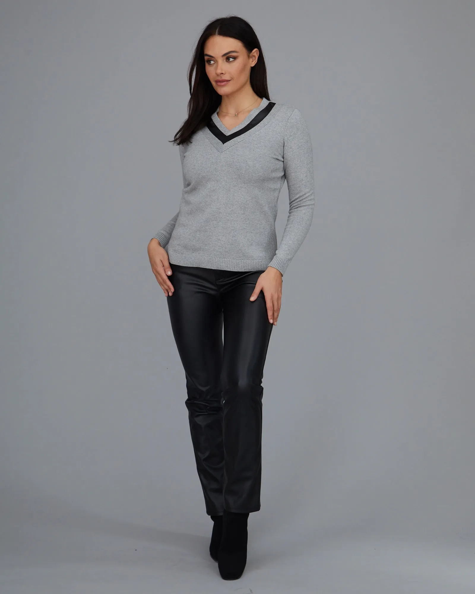 Leather Trim V-Neck Sweater: FINAL SALE