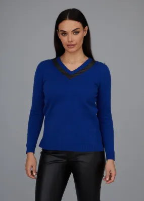 Leather Trim V-Neck Sweater: FINAL SALE