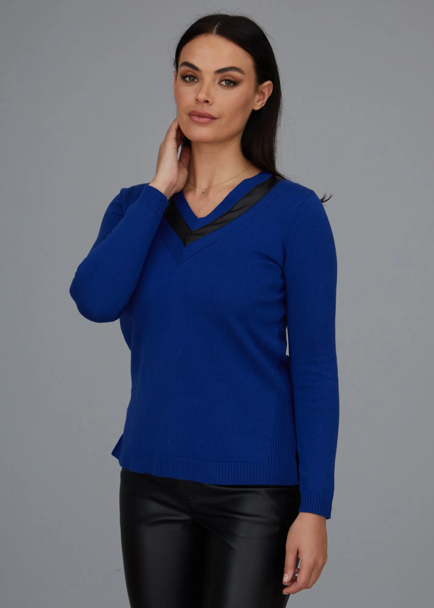 Leather Trim V-Neck Sweater: FINAL SALE