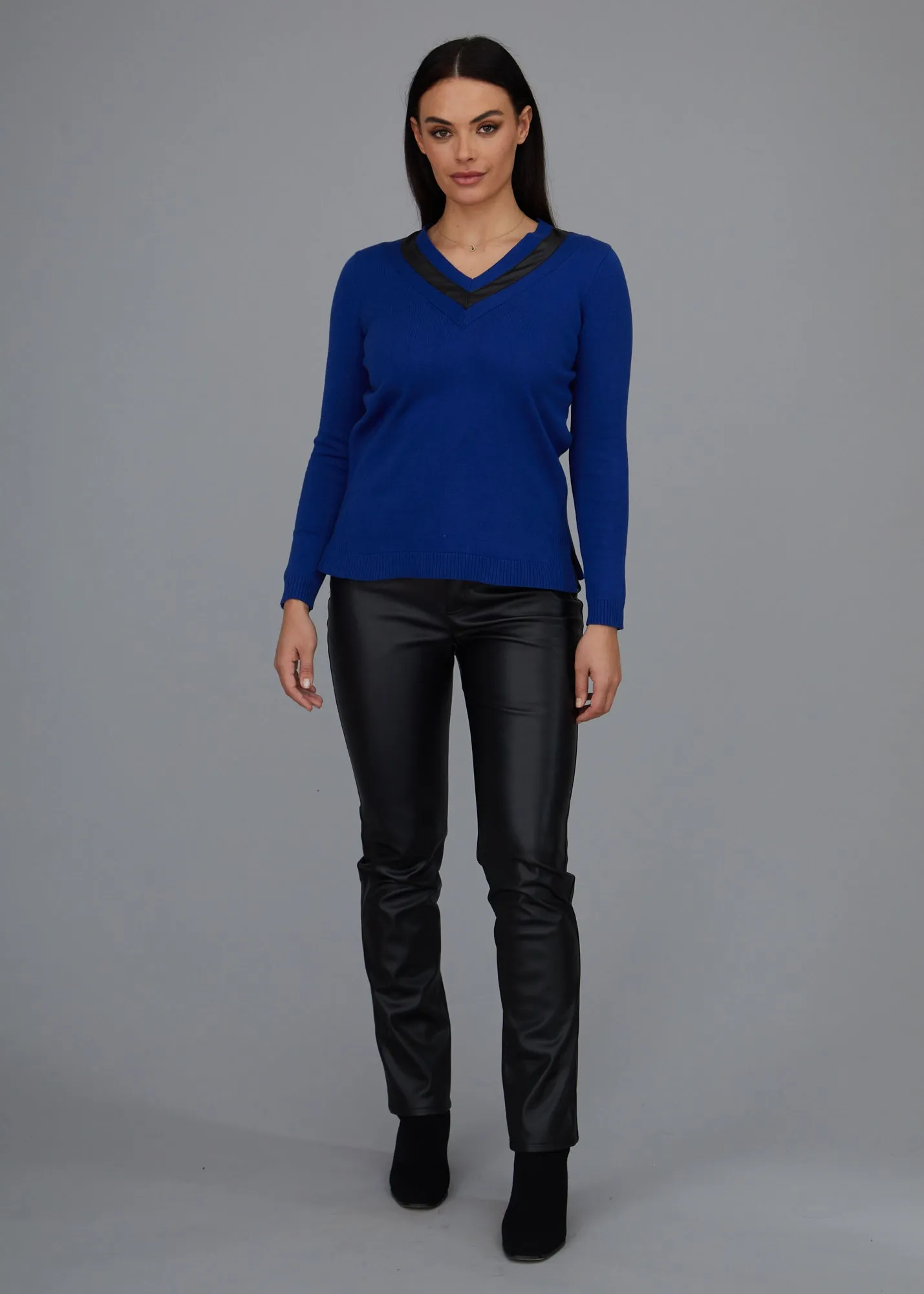 Leather Trim V-Neck Sweater: FINAL SALE