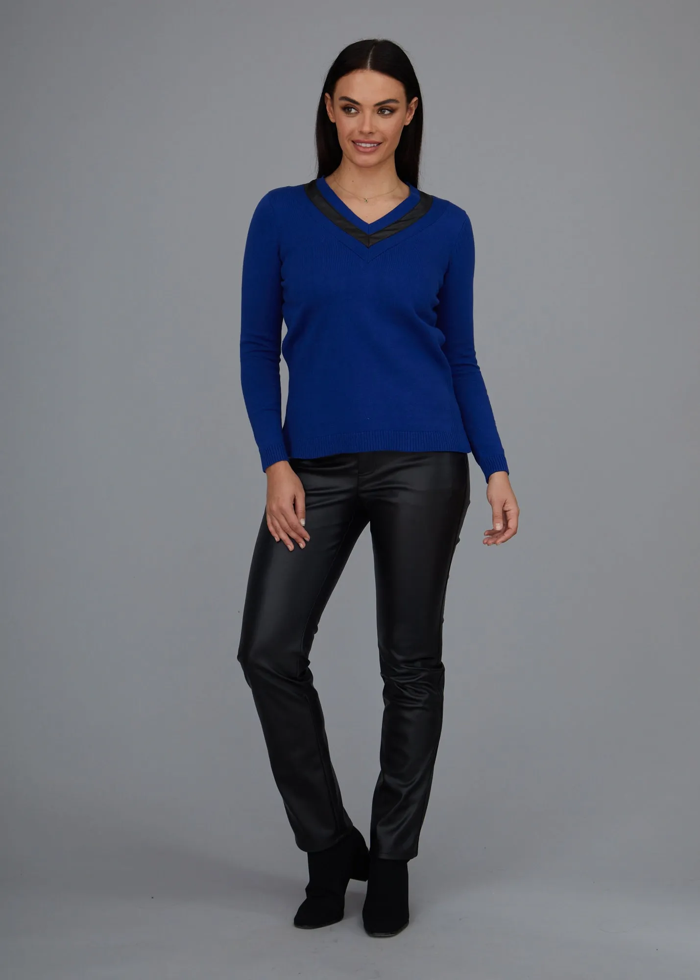 Leather Trim V-Neck Sweater: FINAL SALE