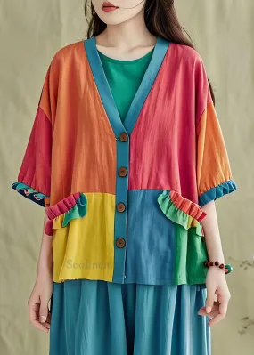 Loose Ruffled Pockets Button Patchwork Cotton Cardigan Coat Summer