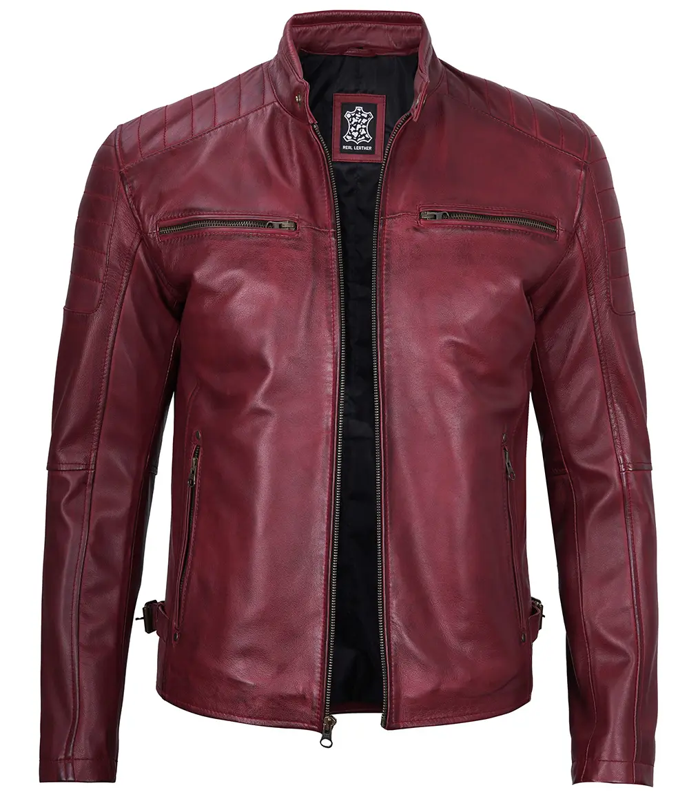 Maroon Cafe Racer Leather Jacket for Men