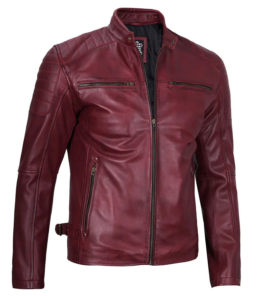 Maroon Cafe Racer Leather Jacket for Men