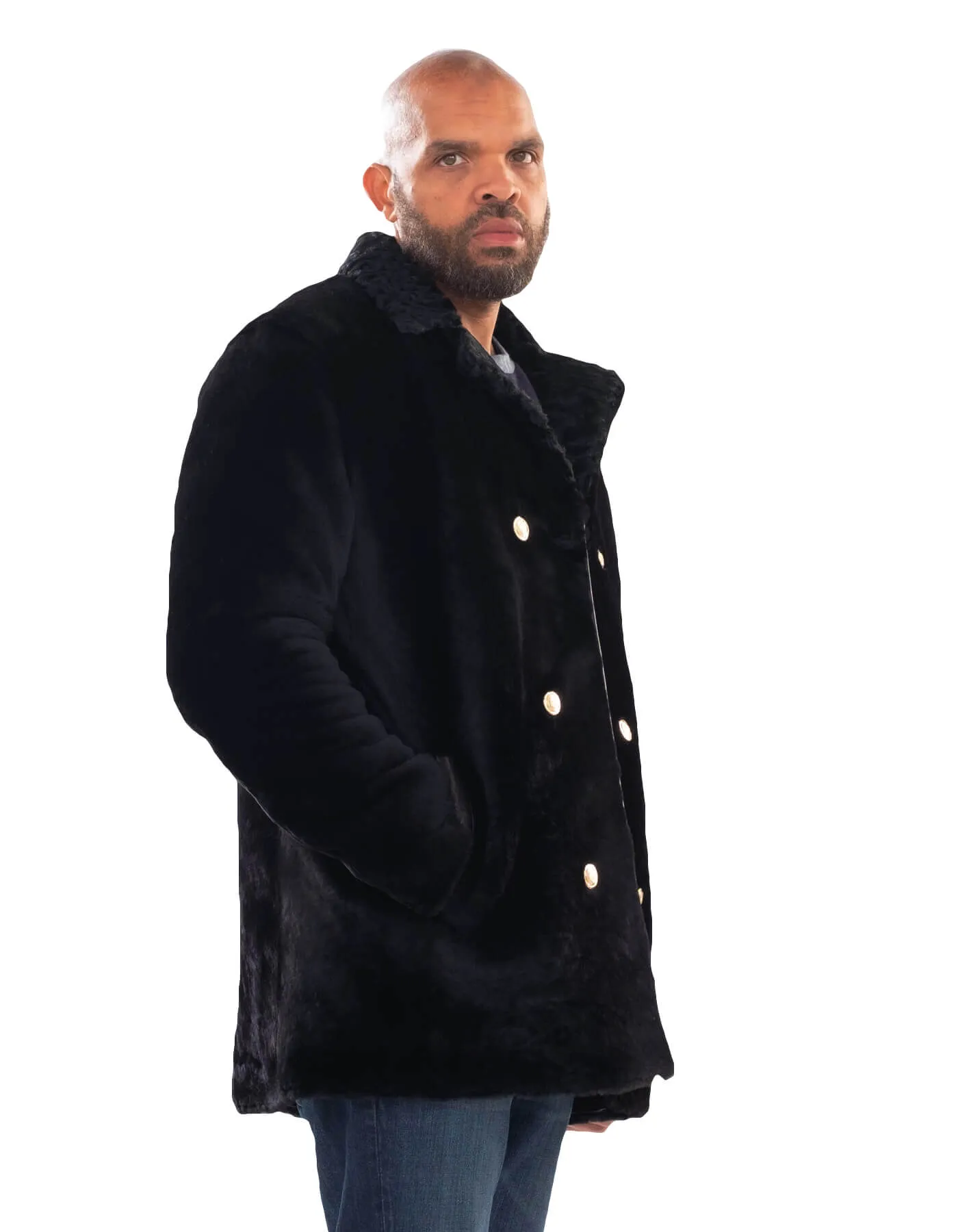 Men's Sheepskin Mouton Coat Jacket with Mink Fur Collar Style #0440