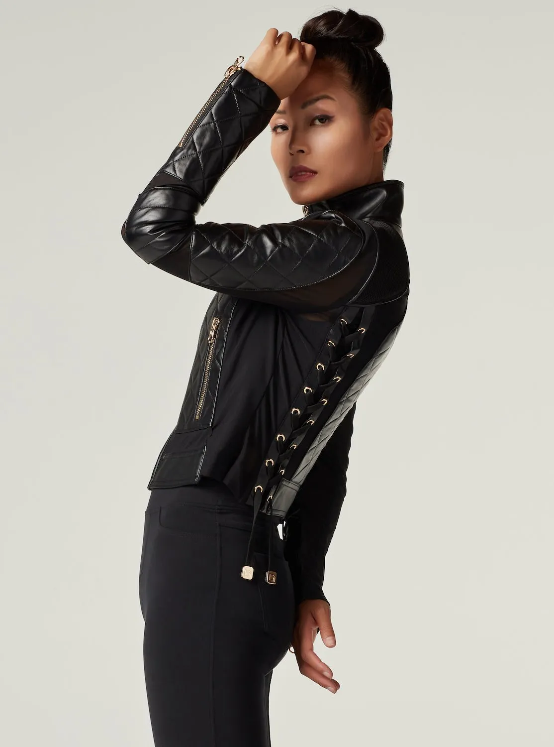 Mesh Moto Jacket with Black Leather & Gold Trims - Gold Collection