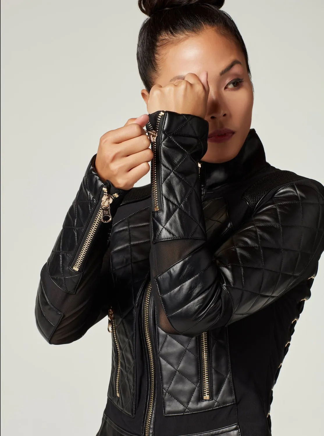 Mesh Moto Jacket with Black Leather & Gold Trims - Gold Collection