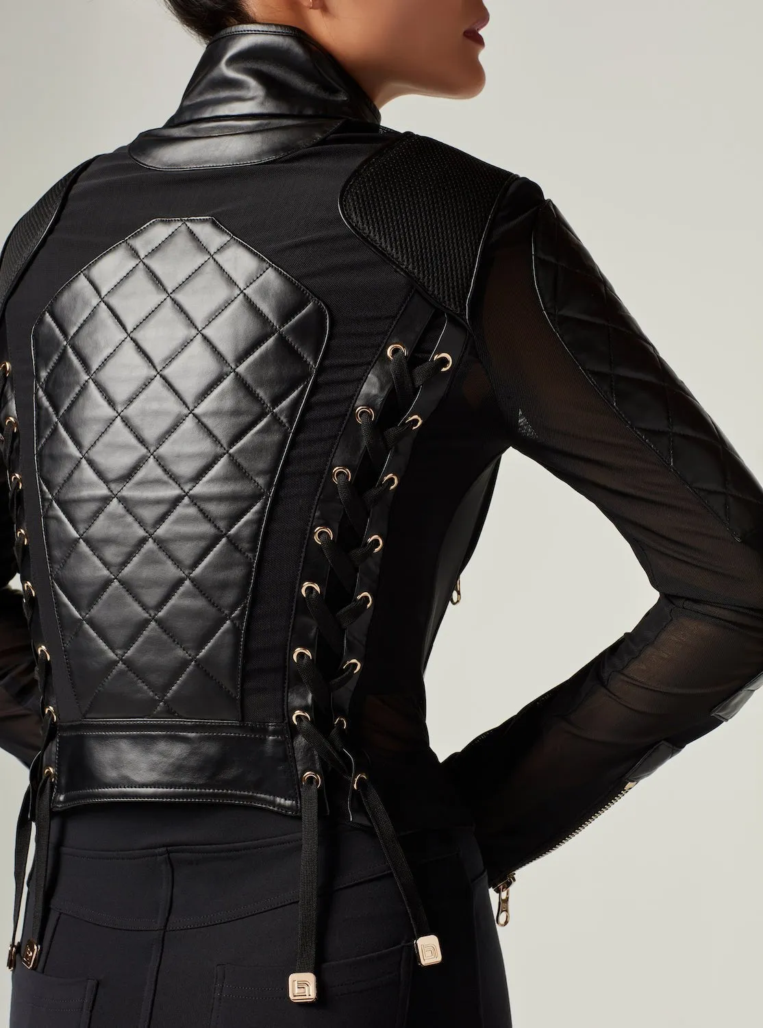 Mesh Moto Jacket with Black Leather & Gold Trims - Gold Collection