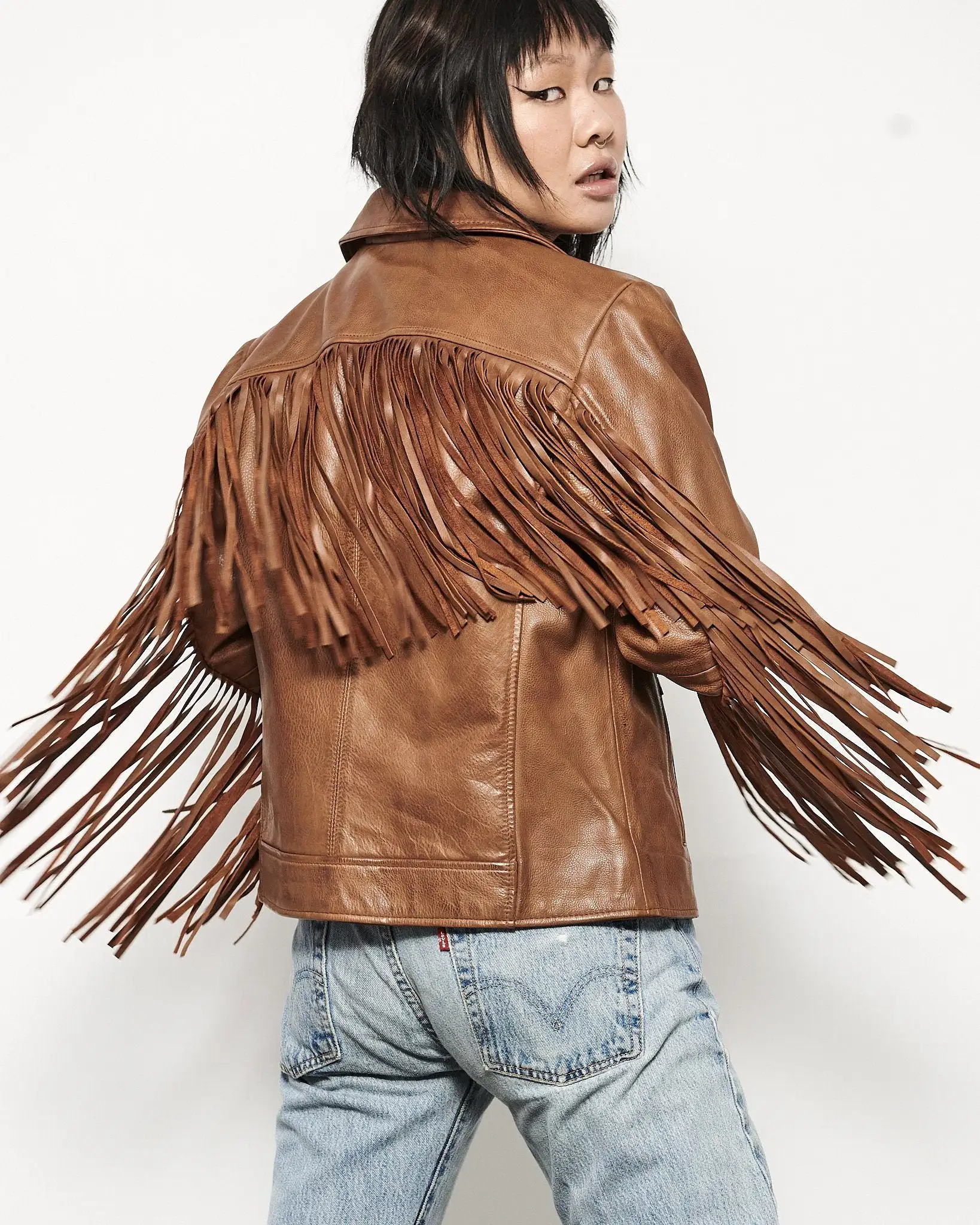 MODERN VICE FRINGE MOTO JACKET IN SADDLE BROWN