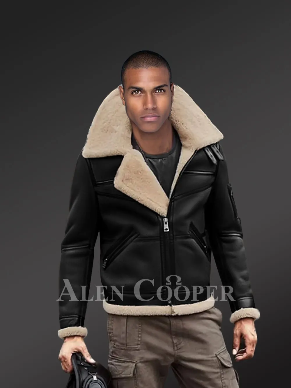 Moto style Shearling Black Jacket With Double Collar Belts