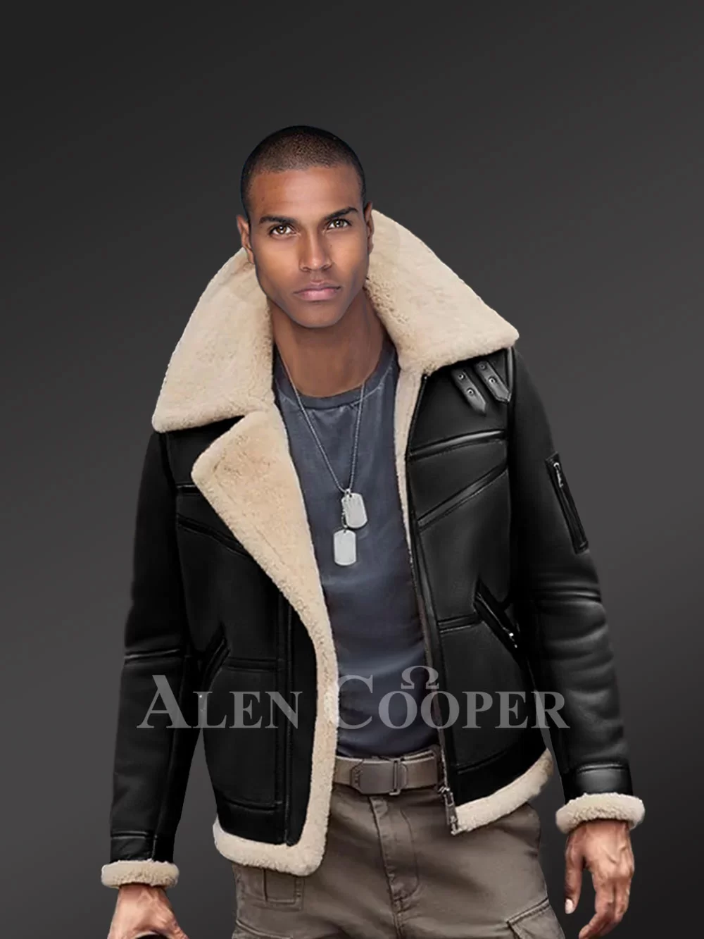 Moto style Shearling Black Jacket With Double Collar Belts