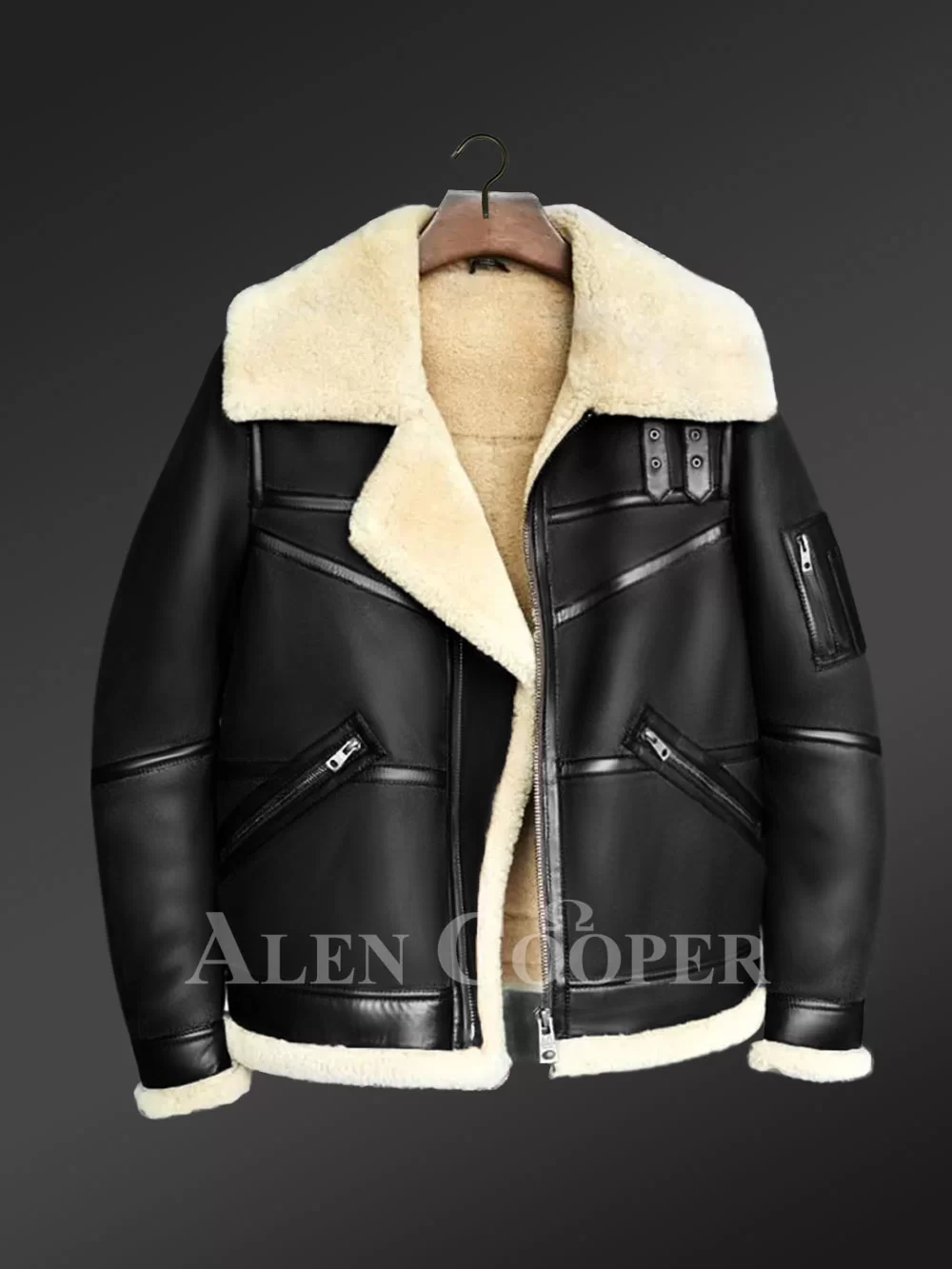 Moto style Shearling Black Jacket With Double Collar Belts