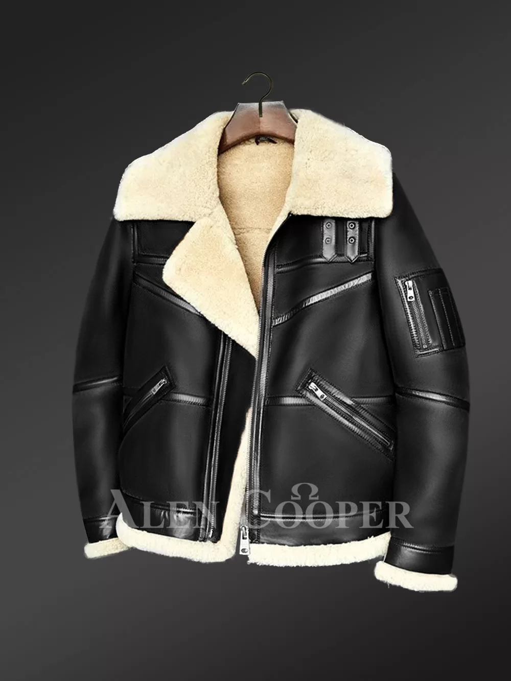 Moto style Shearling Black Jacket With Double Collar Belts