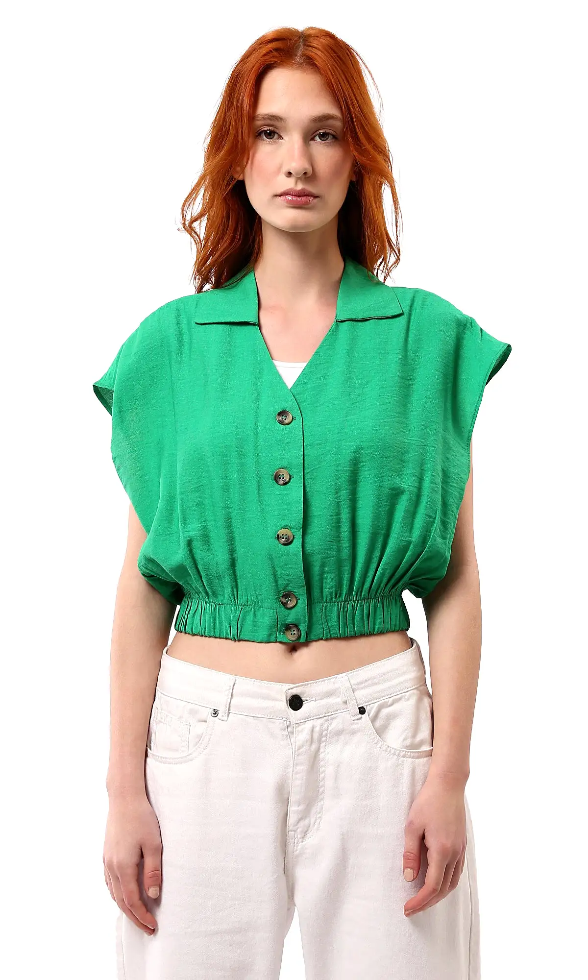 O179141 Deep V-Neck Buttoned Green Short Shirt