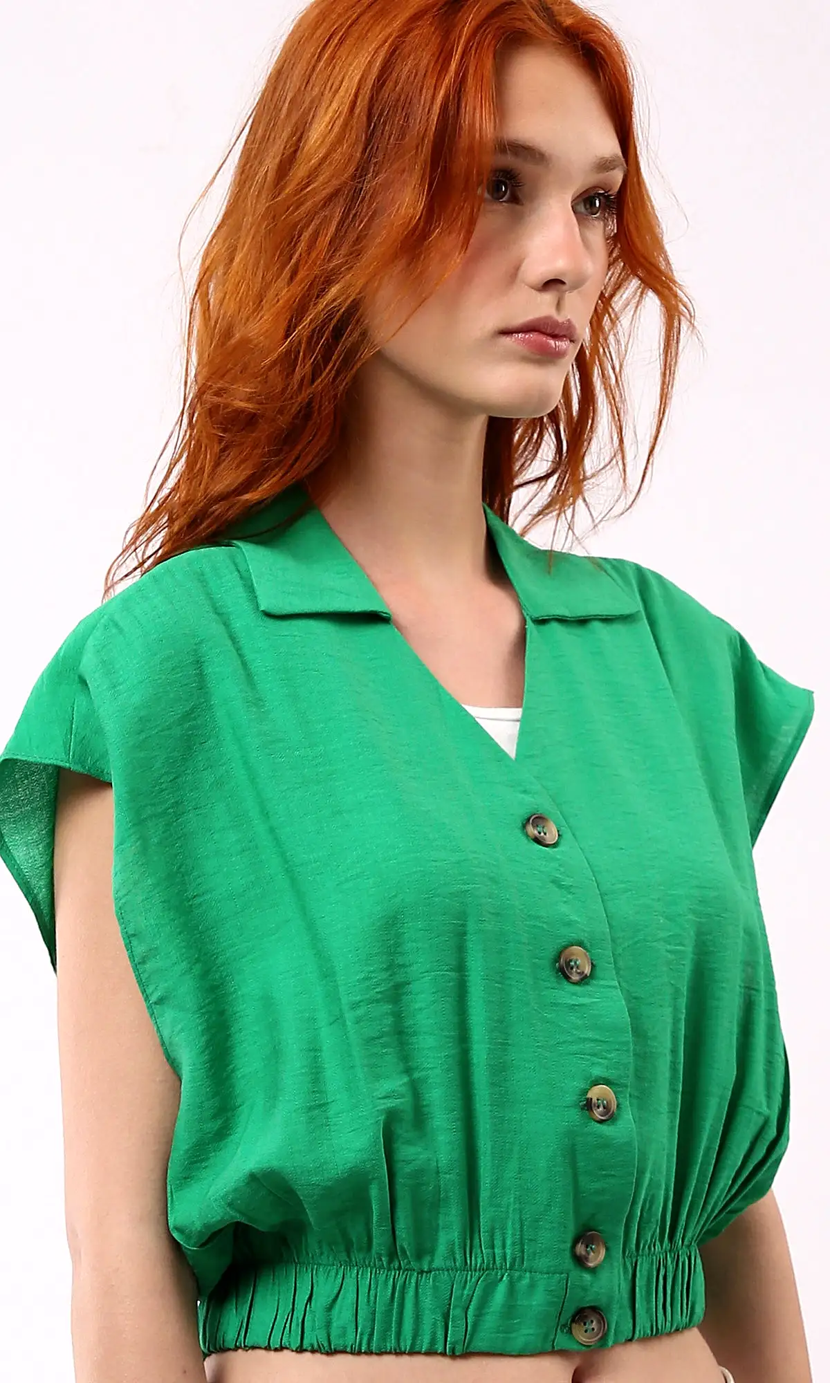 O179141 Deep V-Neck Buttoned Green Short Shirt