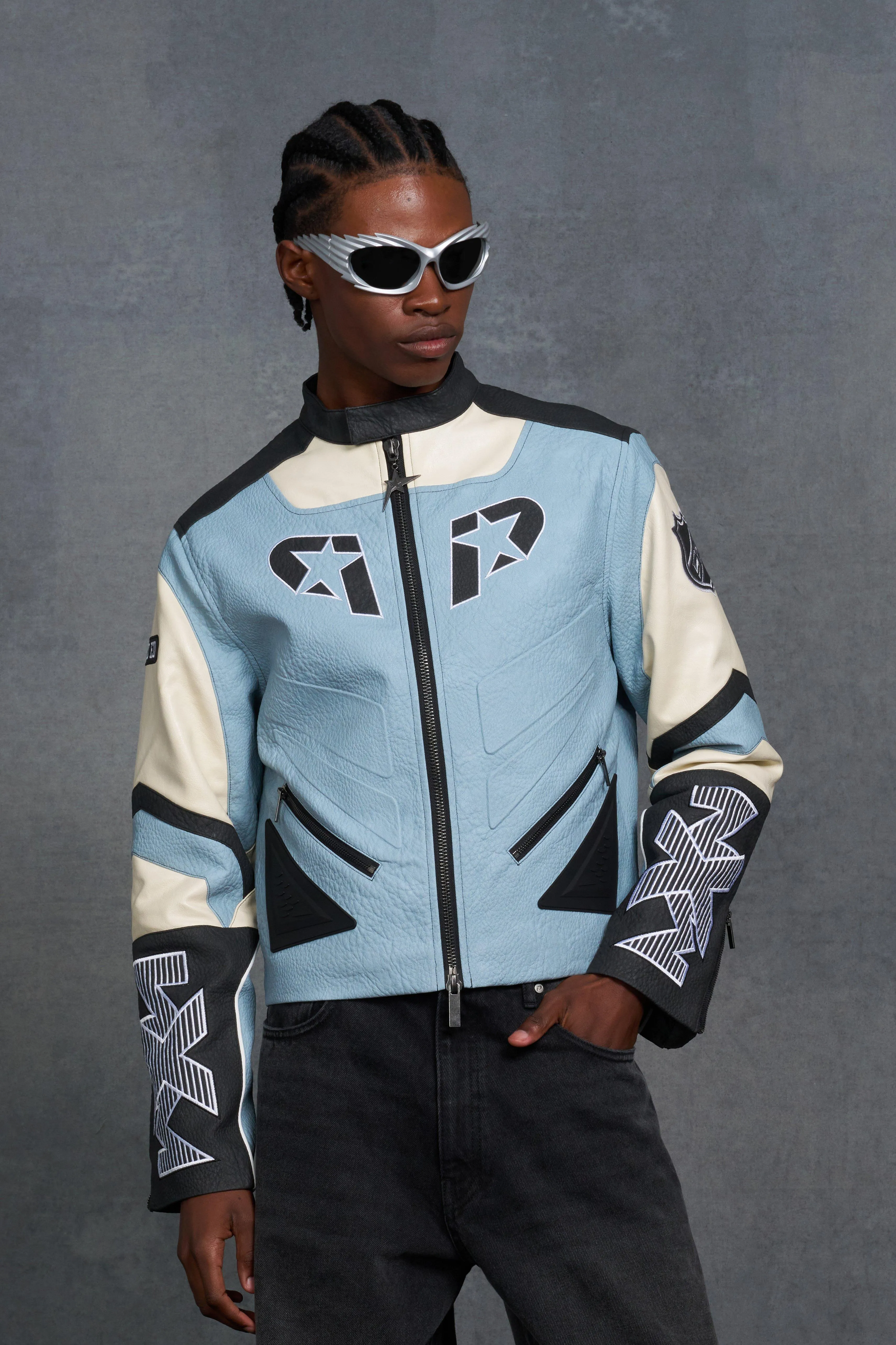 P-Star Boxy Faux Leather Panelled Moto Jacket | boohooMAN UK