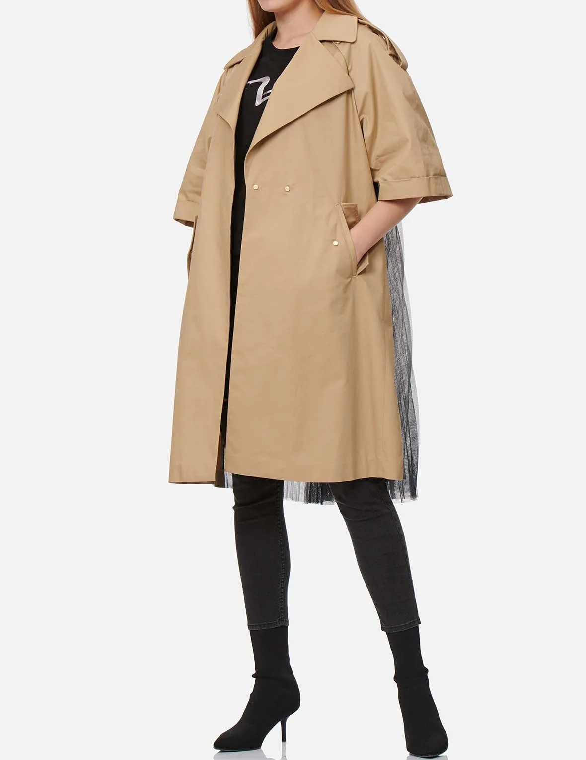 Pleated-Mesh Panelled Trench Jacket