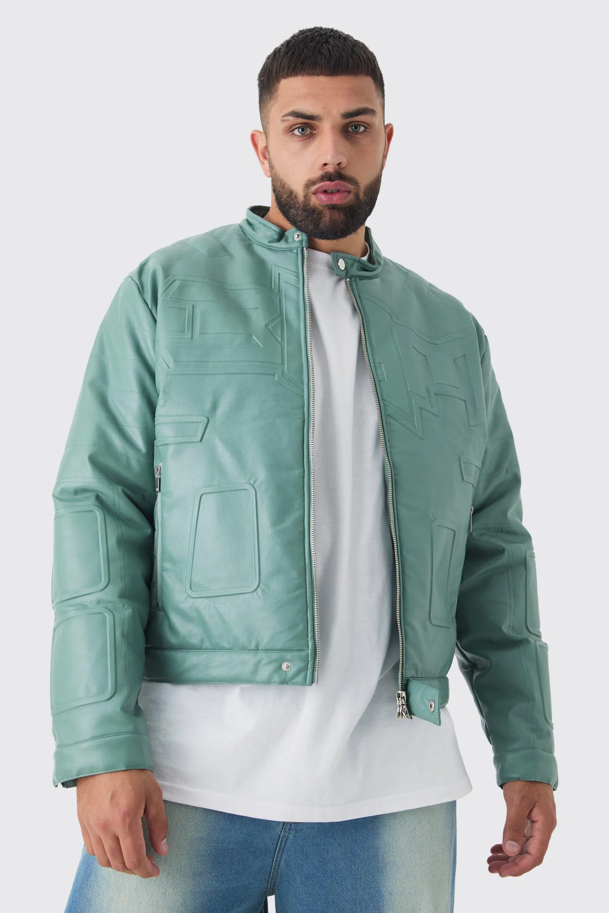 Plus Boxy BHM PU Collarless Moto Biker Jacket In Sage | boohooMAN UK