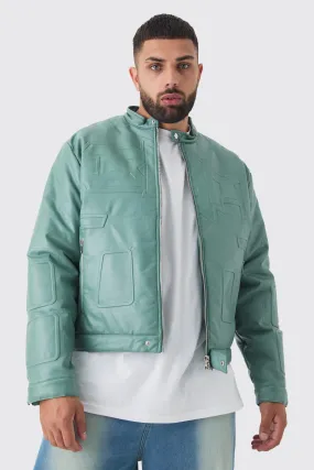 Plus Boxy BHM PU Collarless Moto Biker Jacket In Sage | boohooMAN UK