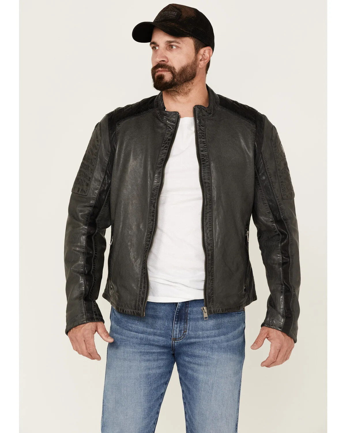 Product Name:  Maruitius Leather Men's Plexo Gray Zip-Front Leather Moto Jacket