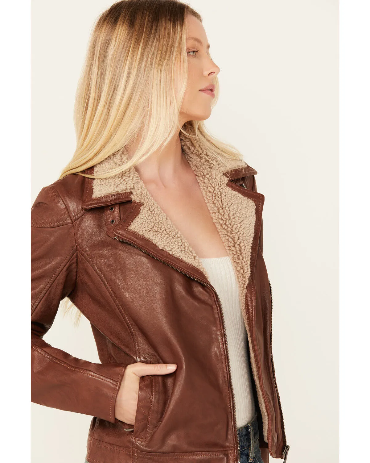 Product Name:  Mauritius Leather Women's Sherpa Collar Leather Moto Jacket