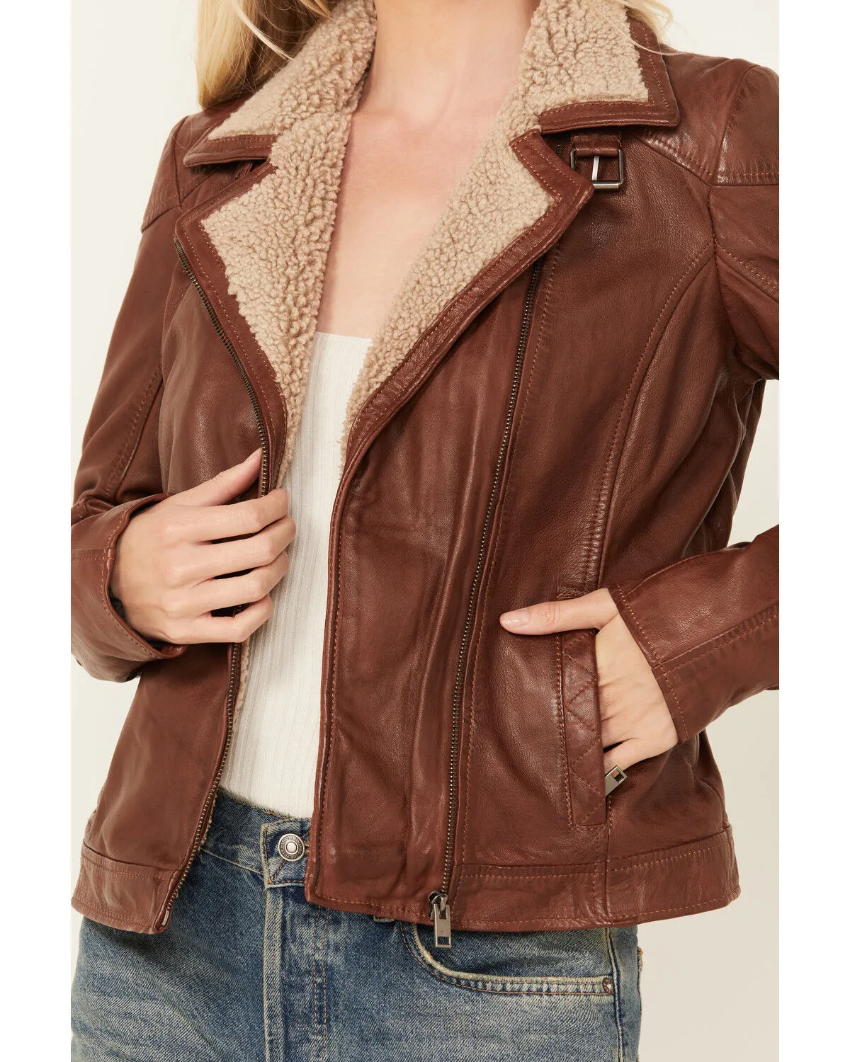 Product Name:  Mauritius Leather Women's Sherpa Collar Leather Moto Jacket