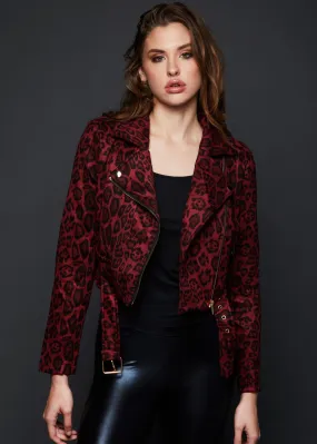 Red Leopard Print Faux Suede Moto Jacket