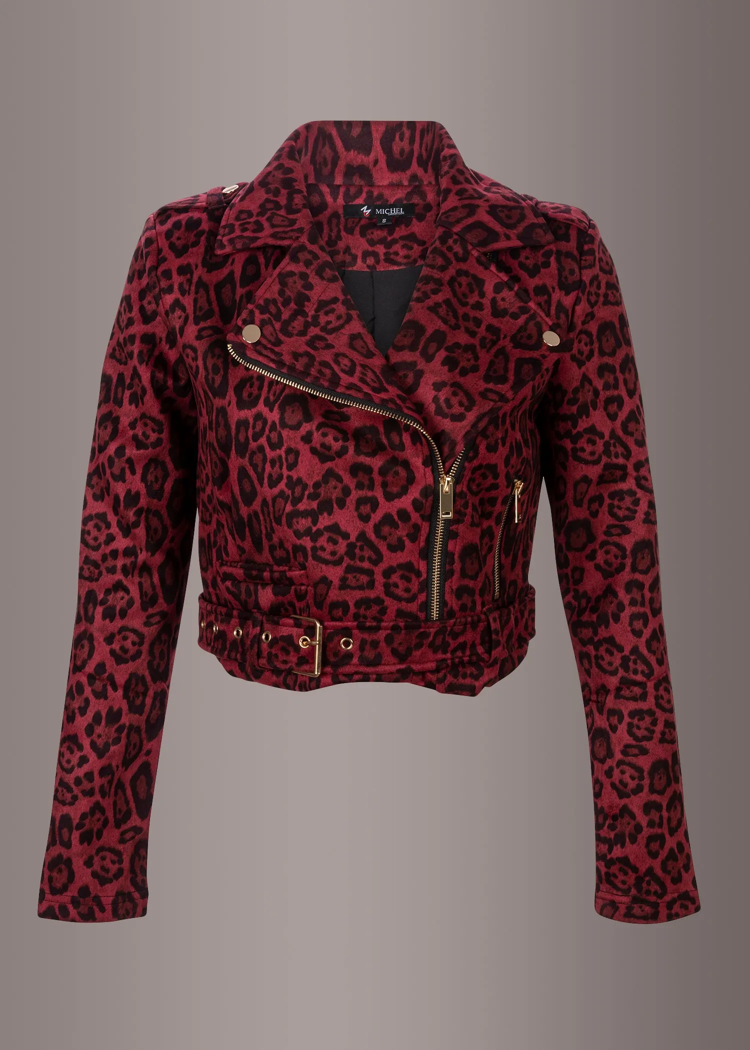 Red Leopard Print Faux Suede Moto Jacket