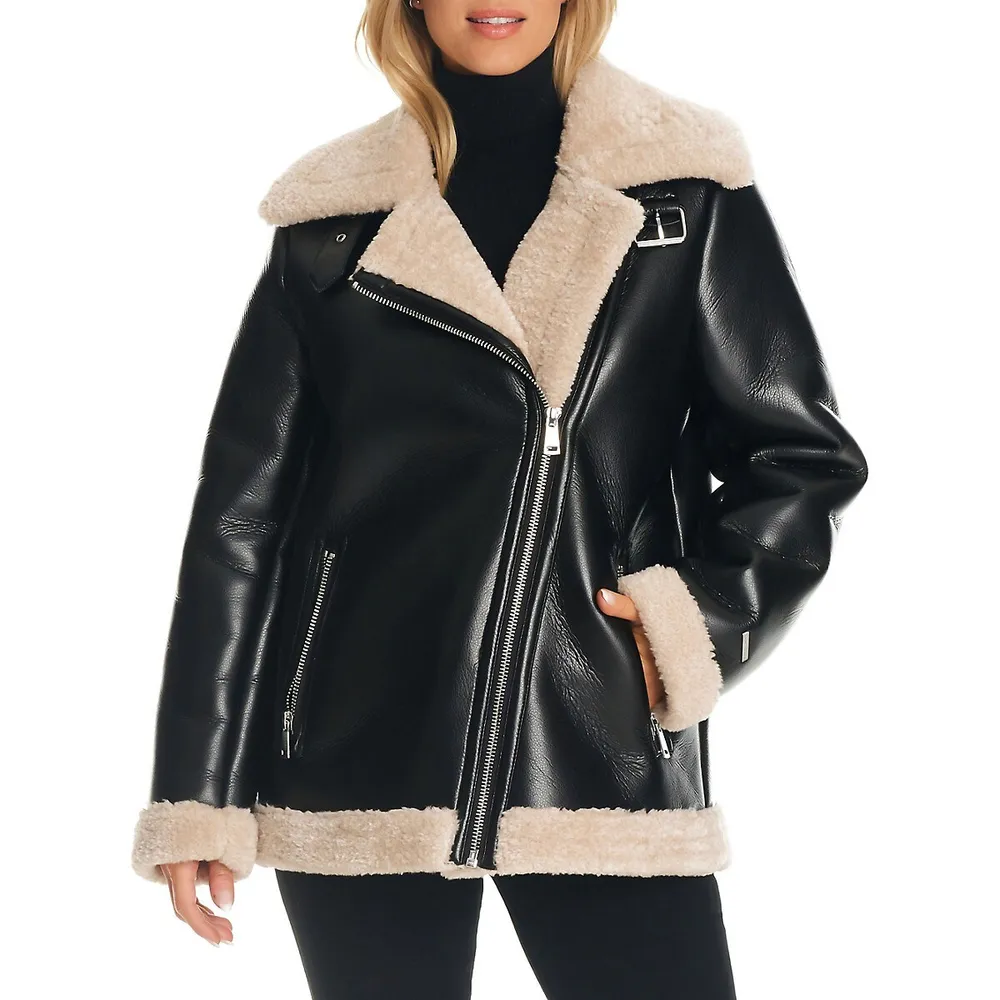 Sanctuary Faux Shearling-Trimmed Vegan Leather Moto Jacket