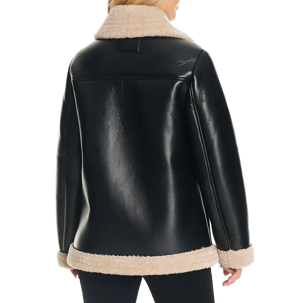 Sanctuary Faux Shearling-Trimmed Vegan Leather Moto Jacket