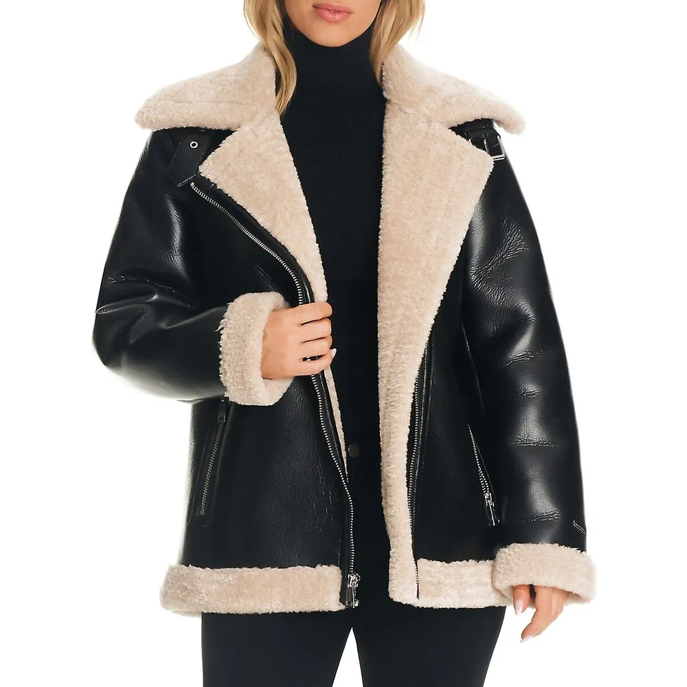 Sanctuary Faux Shearling-Trimmed Vegan Leather Moto Jacket