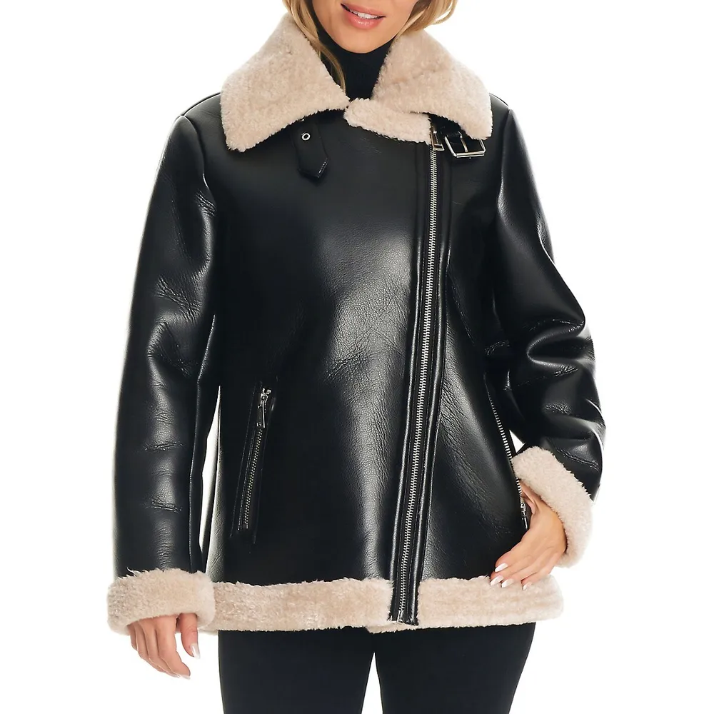 Sanctuary Faux Shearling-Trimmed Vegan Leather Moto Jacket